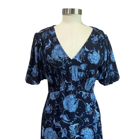 Harper Rose Navy Floral Puff Sleeve V Neck Midi Dress Size 8 - Picture 3 of 11